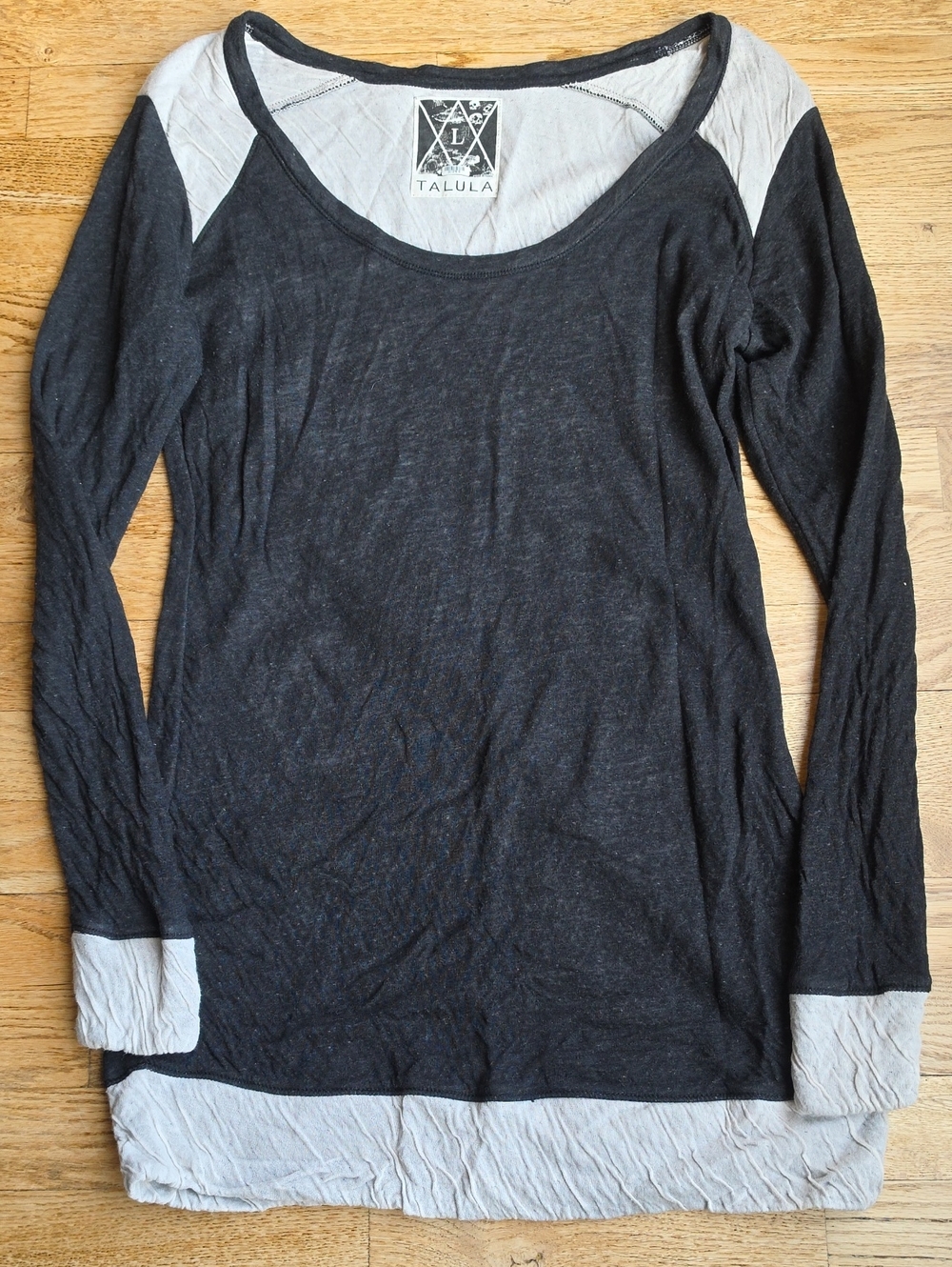 (L) Talula Charcoal Long Sleeve Tee Tunic with Light Gray Trim Lounge Weekend